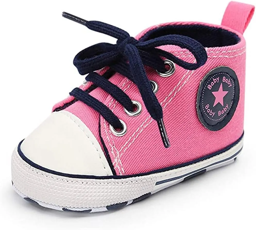 Unisex Baby Soft Sole Sneakers, Canvas Denim High Top, Newborn Infant First Walkers