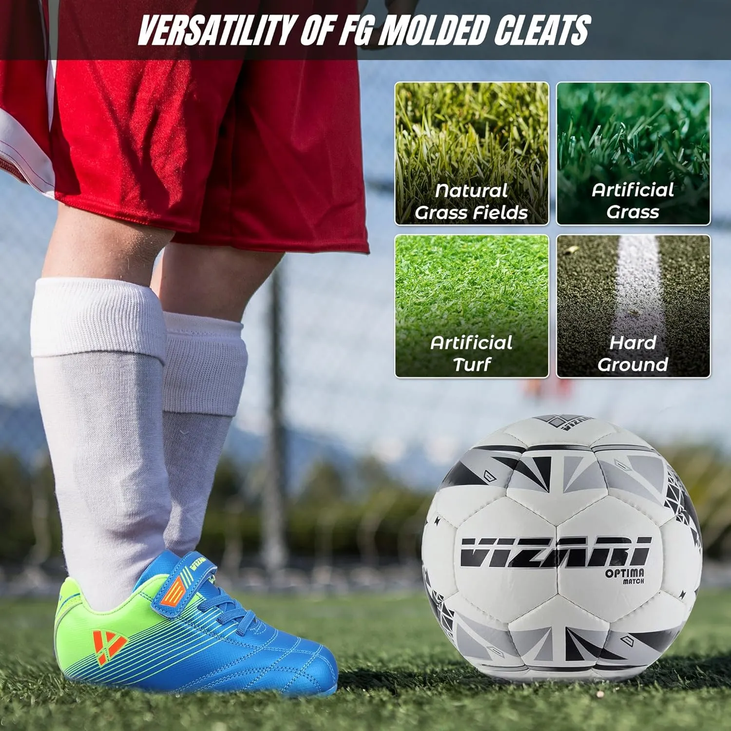 Vizari Soccer Cleats Boys Girls | Firm Ground Football Shoes | Light Secure Fit with Hook & Loop Strap | Toddlers, Little/Big Kid